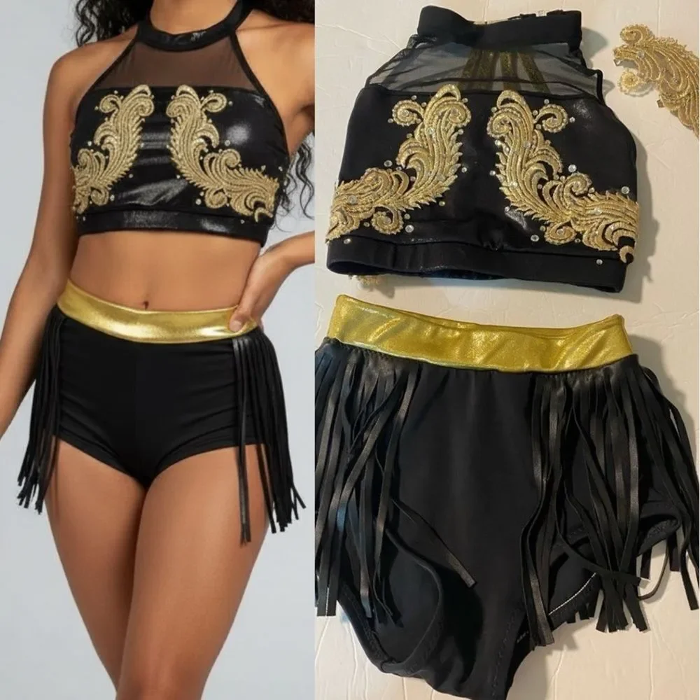 Custom glamorous mature solo dance costume 2 piece leather fringe black MC LC